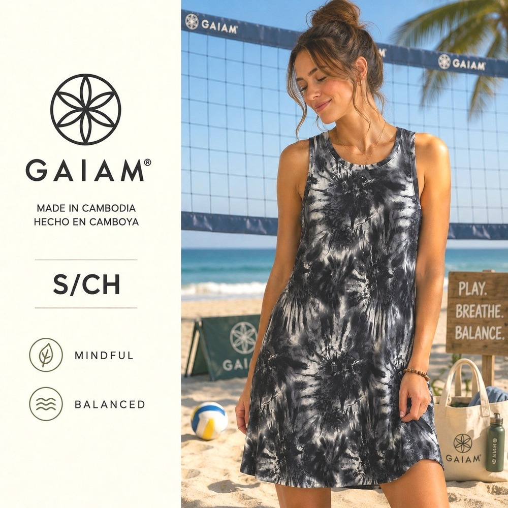 Gaiam Tie Dye Dress Womens Small Gray Sunburst Sleeveless Athletic Mini‎